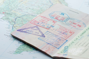 Macro of arrival stamps in passport