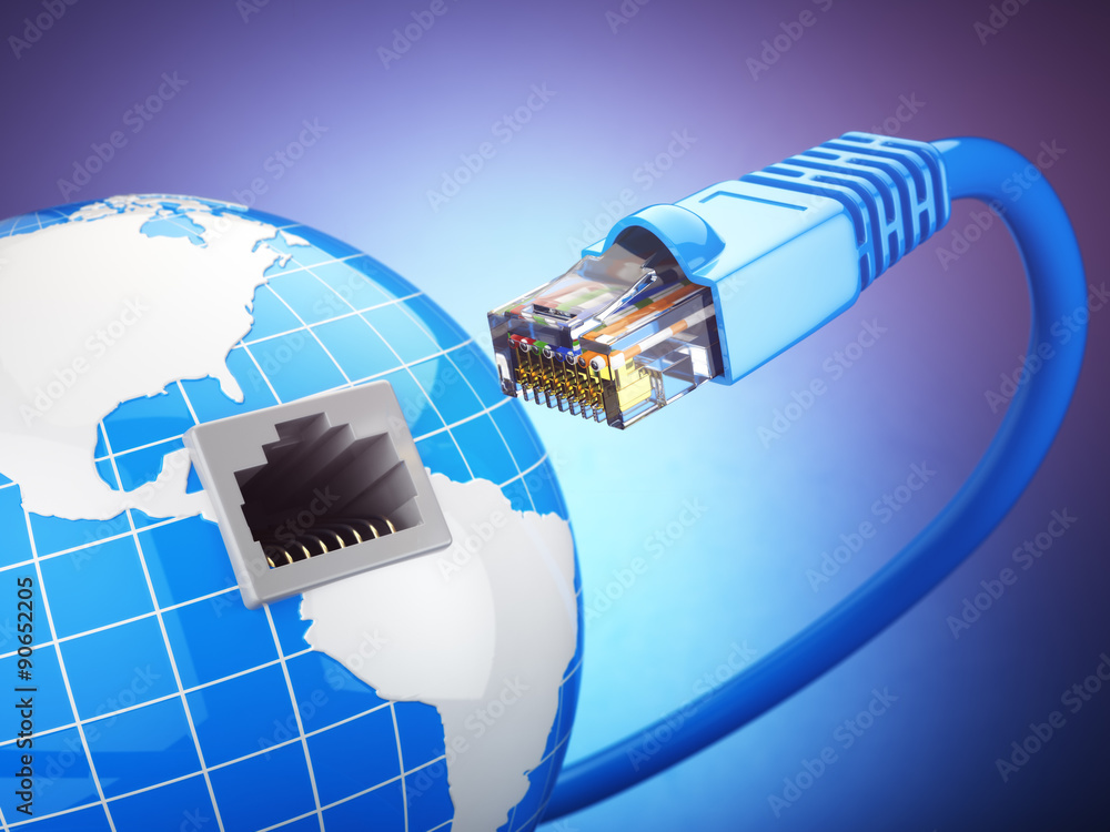 Poster internet global comunication concept. earth and ethernet cable o
