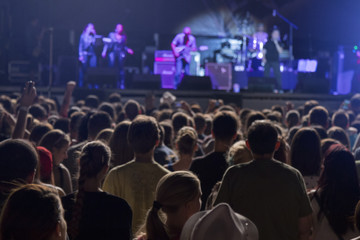 Fototapeta na wymiar Defocused crowd and performers on music festival