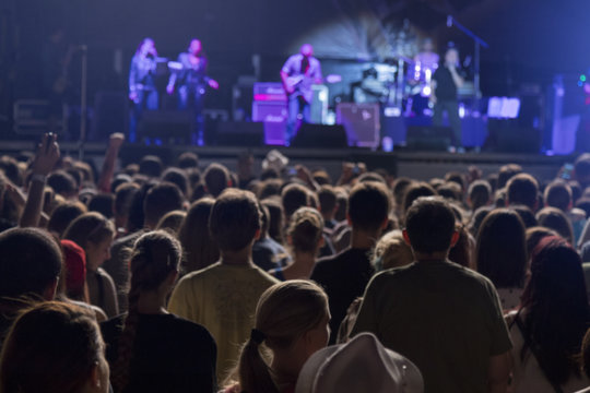 Defocused crowd and performers on music festival