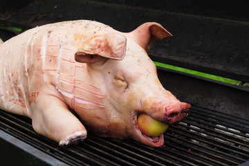 young pig prepared to be cooked on a big grill