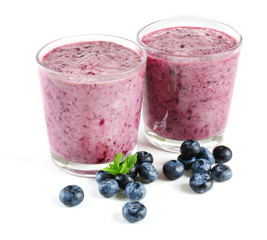 Glasses of blueberry smoothie, closeup