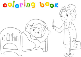 Doctor makes vaccination to the patient. Sick boy lies in bed. C