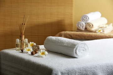 Fototapeta na wymiar Massage table in beauty spa salon
