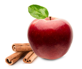 red apple with cinnamon sticks isolated on the white background