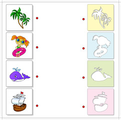 Palms, girl with inflatable circle, whale and sailing ship. Educ