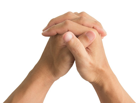 hands folded praying on white background