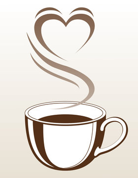 Coffee or Tea Cup With Steaming Heart Shape is an illustration with a cup of coffee or tea with steam coming off of it making the shape of a heart. 