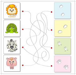 lion, turtle, zebra and pig with their traces of foot