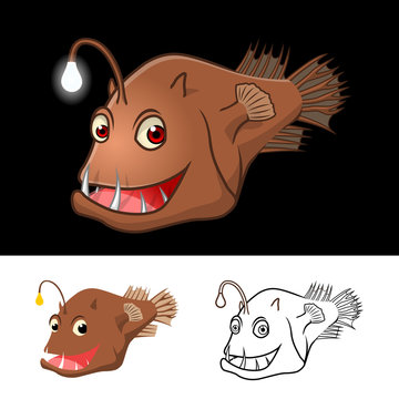 High Quality Anglerfish Cartoon Character Include Flat Design and Line Art Version