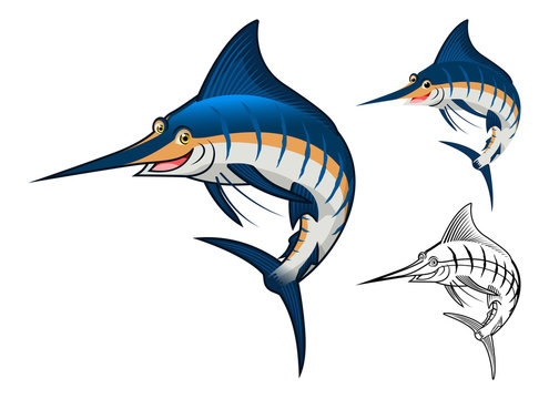 High Quality Blue Marlin Cartoon Character Include Flat Design and Line Art Version