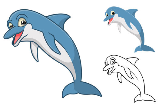 High Quality Dolphin Cartoon Character Include Flat Design and Line Art Version