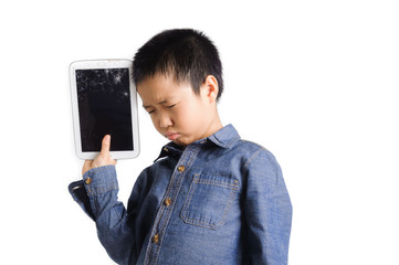 Sad boy hold cracked tablet device