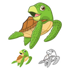 High Quality Sea Turtle Cartoon Character Include Flat Design and Line Art Version