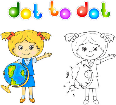 Girl with globe. Connect dots and get image. Educational game fo