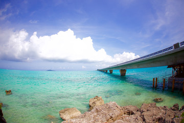 Ikema Bridge and Beautiful Sea with Coral Reef in Miyako Island, Okinawa, Japan 