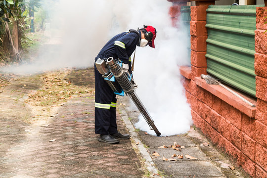Worker fogging residential area with insecticides to kill aedes mosquitoes, carrier of dengue virus