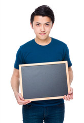 Asian man show with the empty chalkboard