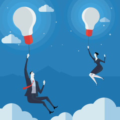 Businessman flying in air balloon with light bulb. Vector Illustration Business concept a ladder Corporate of success.