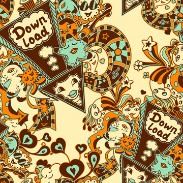 Seamless pattern with doodle monsters blue yellow brown