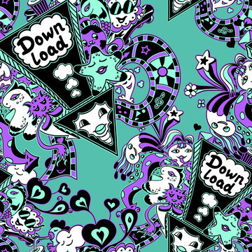 Seamless pattern with doodle monsters cyan lilac black