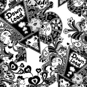Seamless pattern with doodle monsters white black