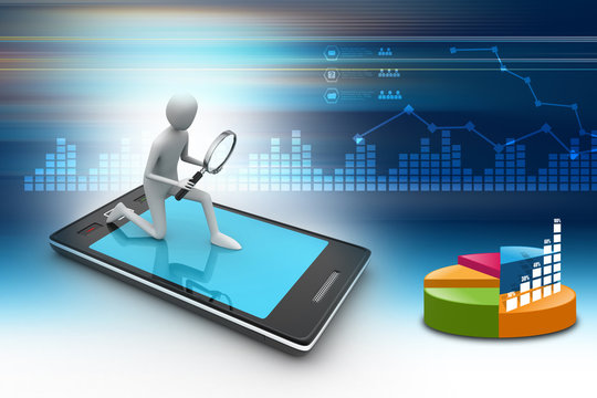 Business man searching business growth on a smart phone in color background