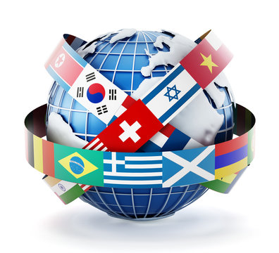 International country flags on the globe