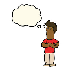cartoon man with folded arms with thought bubble