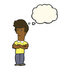cartoon man with folded arms with thought bubble