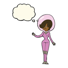 cartoon space woman with thought bubble