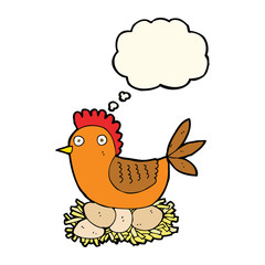 cartoon hen on eggs with thought bubble