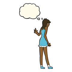 cartoon woman waving with thought bubble
