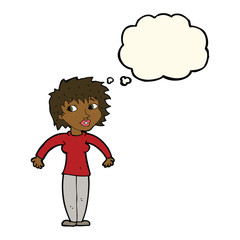 cartoon woman shrugging shoulders with thought bubble