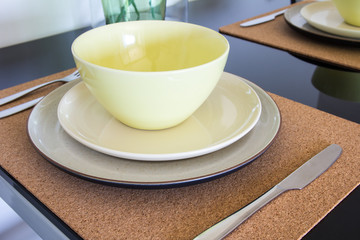 Close up table setting on wooden table