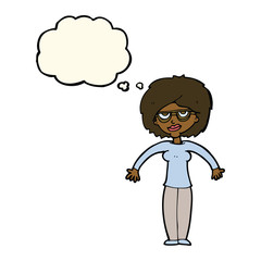 cartoon woman shrugging shoulders with thought bubble