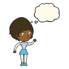 cartoon woman waving with thought bubble