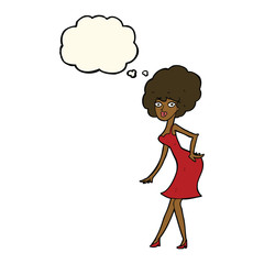cartoon woman posing in dress with thought bubble