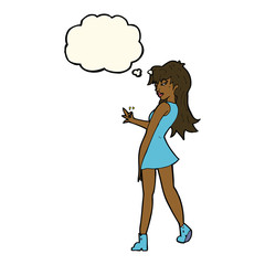 cartoon woman posing in dress with thought bubble