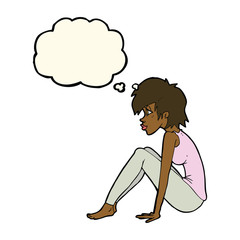 cartoon woman sitting with thought bubble