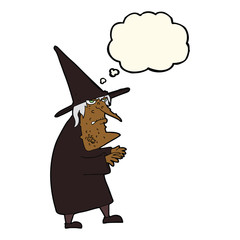 cartoon ugly old witch with thought bubble