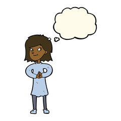 cartoon happy woman with thought bubble