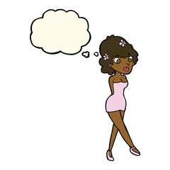 cartoon woman posing in dress with thought bubble