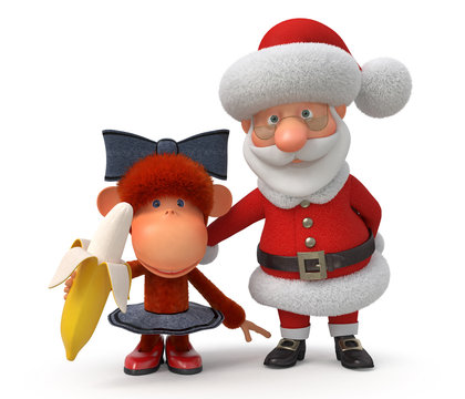 3d Santa Claus with the monkey