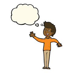 cartoon man waving with thought bubble
