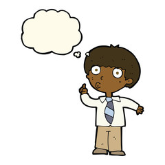 cartoon school boy with question with thought bubble
