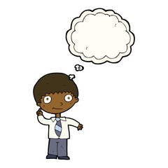 cartoon school boy with idea with thought bubble