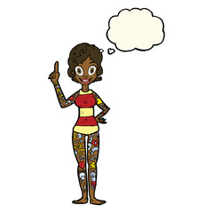 cartoon woman covered in tattoos with thought bubble
