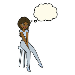 cartoon pretty girl on stool with thought bubble