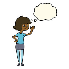 cartoon friendly girl waving with thought bubble